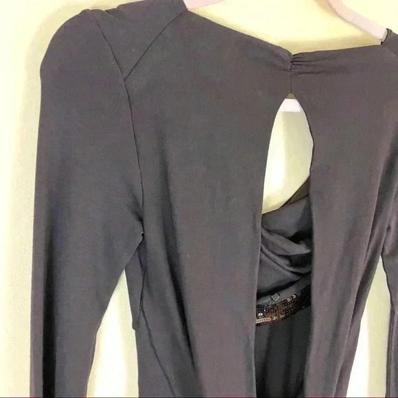 BCBGMaxAzria Dark Brown Rayon Drapey Sequined Long Sleeve Top - Picture 10 of 12